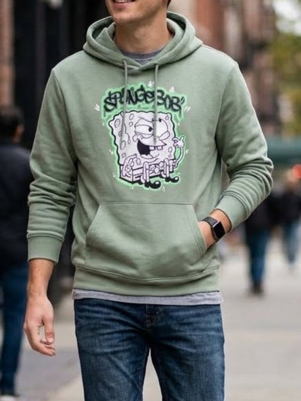 H&M SpongeBob Men's Graphic Hoodie Adult Size L Green Kangaroo Pocket Comfy